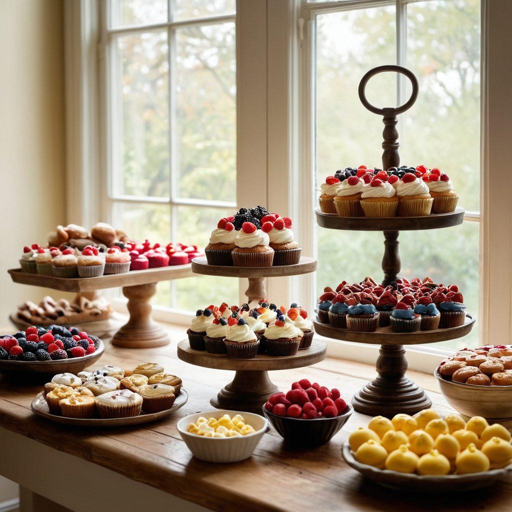 A beautifully arranged kitchen setting featuring a wooden table with an array of baking tools like measuring cups, whisks, and a rolling pin. In the background, an assortment of stunning confections including decorated cakes, pastries, and cupcakes showcased on elegant stands, with ingredients like flour, eggs, and fresh berries scattered around. Soft, natural light streaming through a window to create a warm ambiance. intricate details on the baked goods, invoking a sense of excitement and artistry in baking. super-realistic. vibrant colors.