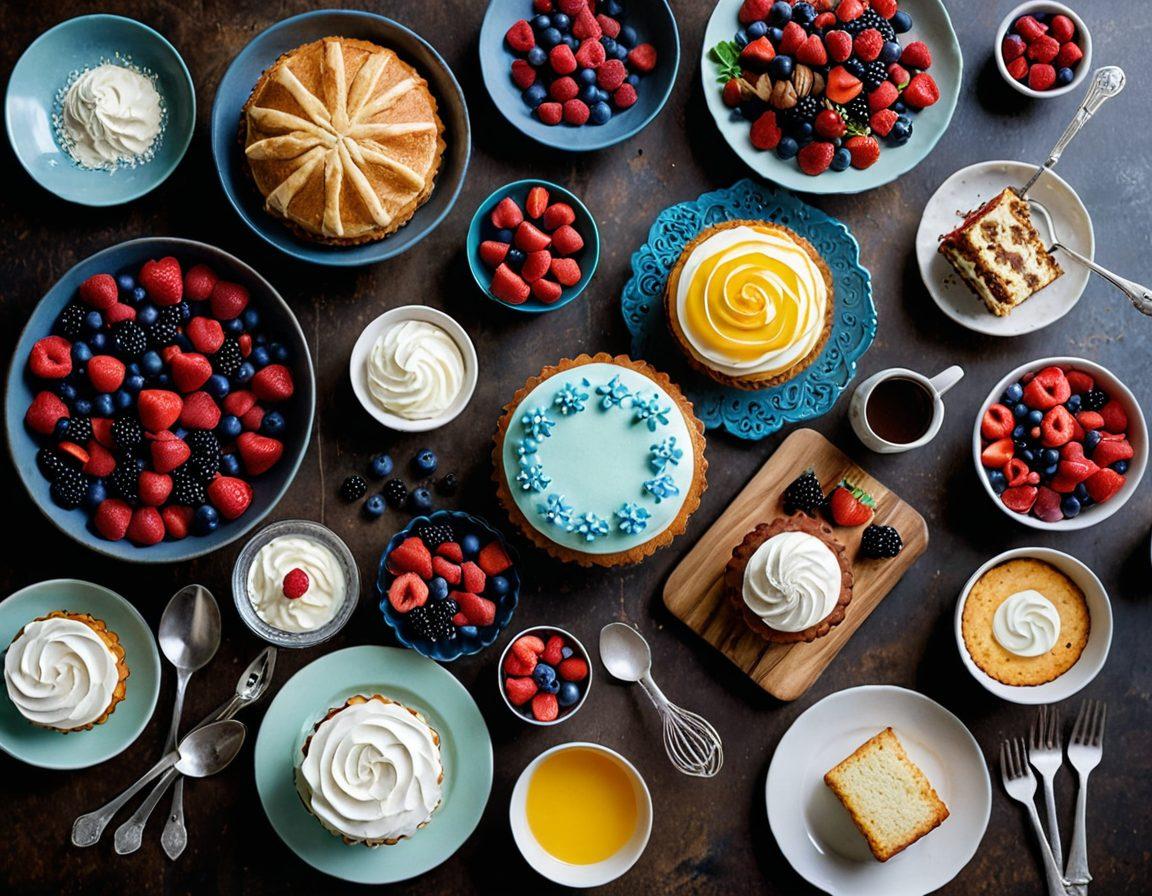 A beautifully arranged tabletop featuring an array of delicious cakes and pastries, showcasing intricate piping, vibrant frosting, and delicate decorations. Include essential baking tools like whisk, measuring cups, and mixing bowls artistically scattered around. Soft natural lighting enhances the fresh ingredients such as flour, eggs, and berries in the background. The scene should evoke a warm, inviting atmosphere for baking enthusiasts. super-realistic. vibrant colors. soft focus.